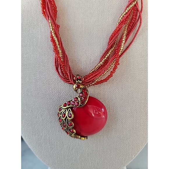 Red Peacock Pendant Necklace - Picture 3 of 10